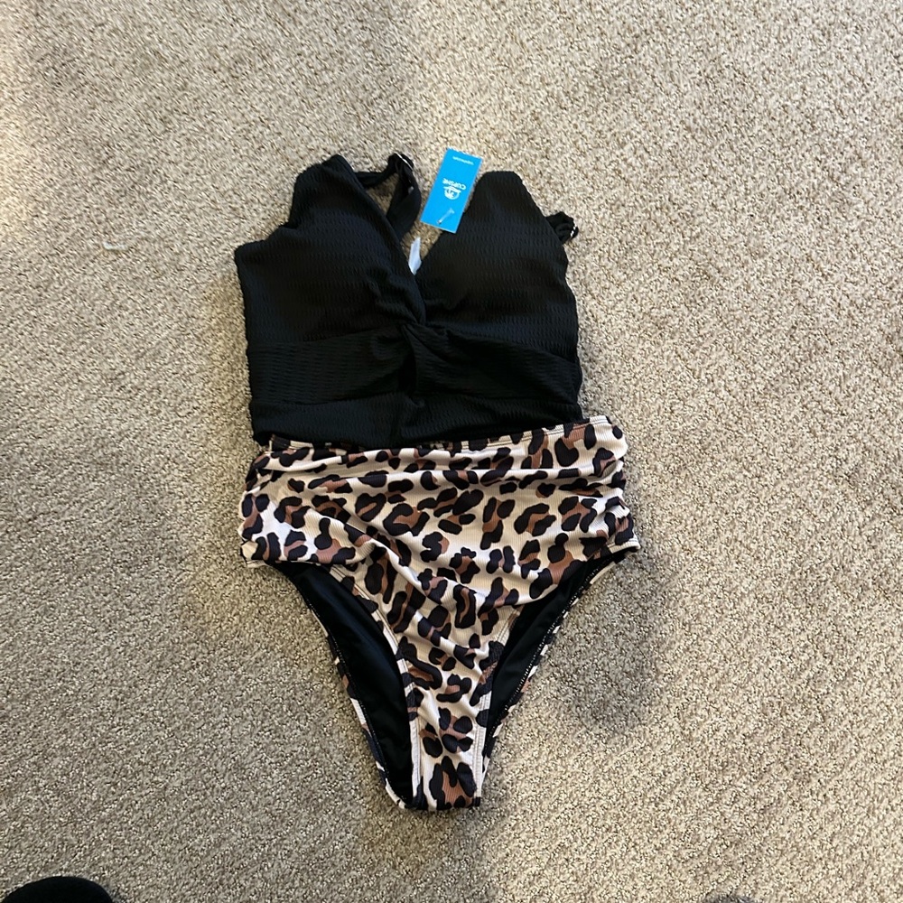 Black and Leopard Print Swimsuit
